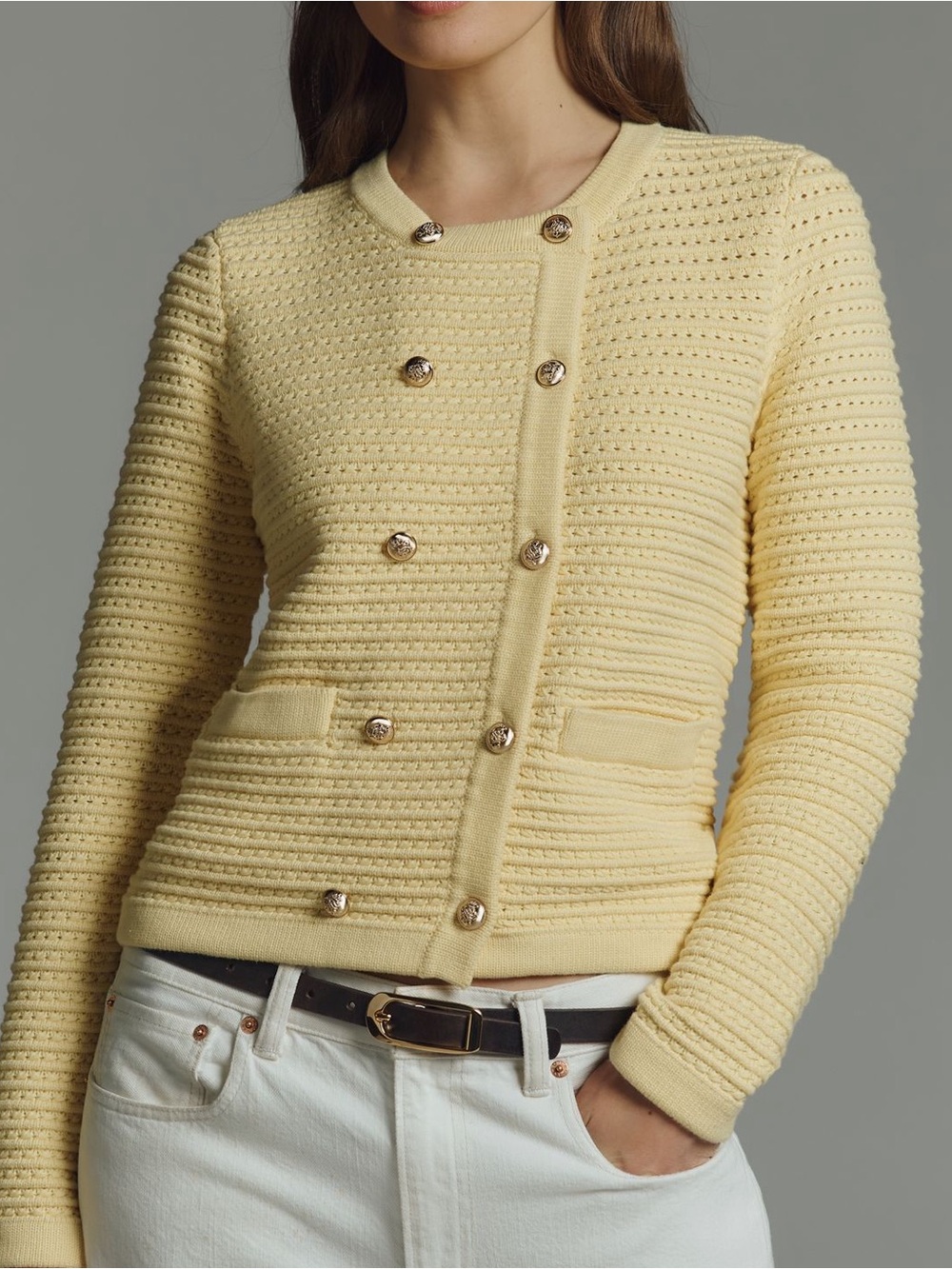 Anthropologie Double Breasted Cardigan Sweater NVLT New XL Gold Buttons Yellow